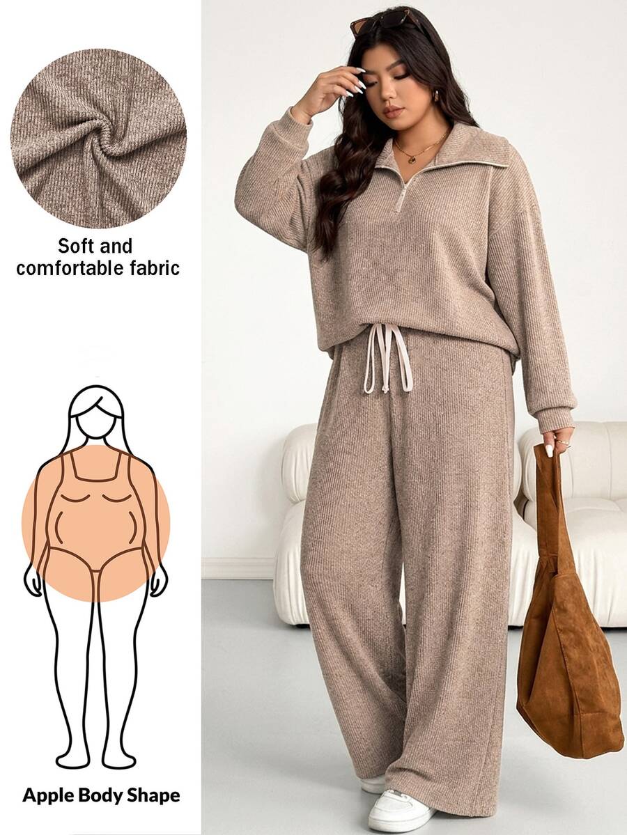 Shapeblank Plus Size Women Solid Color Long Sleeve Half Zip Sweatshirt And Wide Leg Pants Casual 2 Pieces Set Casual Daily Going Out School Sets Women Fall/Winter - Khaki - View 1