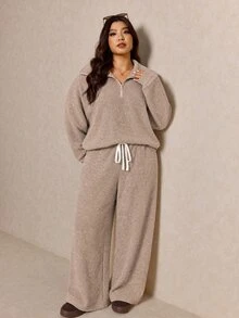 Shapeblank Plus Size Women Solid Color Long Sleeve Half Zip Sweatshirt And Wide Leg Pants Casual 2 Pieces Set Casual Daily Going Out School Sets Women Fall/Winter - Khaki - View 5