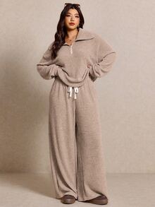 Shapeblank Plus Size Women Solid Color Long Sleeve Half Zip Sweatshirt And Wide Leg Pants Casual 2 Pieces Set Casual Daily Going Out School Sets Women Fall/Winter - Khaki - View 7