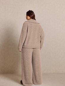 Shapeblank Plus Size Women Solid Color Long Sleeve Half Zip Sweatshirt And Wide Leg Pants Casual 2 Pieces Set Casual Daily Going Out School Sets Women Fall/Winter - Khaki - View 3