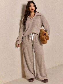 Shapeblank Plus Size Women Solid Color Long Sleeve Half Zip Sweatshirt And Wide Leg Pants Casual 2 Pieces Set Casual Daily Going Out School Sets Women Fall/Winter - Khaki - View 4