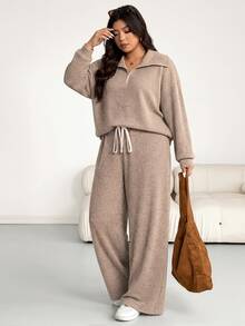 Shapeblank Plus Size Women Solid Color Long Sleeve Half Zip Sweatshirt And Wide Leg Pants Casual 2 Pieces Set Casual Daily Going Out School Sets Women Fall/Winter - Khaki - View 2