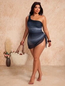 Elaquor Plus Size Women's One-Piece Swimsuit, Knitted Elastic, One-Shoulder Sexy Tropical Beach Print, Summer Vacation Casual Beachwear Bathing Suit Swimsuits - Multicolor - View 4