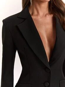 SHEIN BAE Women's Solid Color Lapel Neck Long Sleeve Casual Commuter Blazer - Black - View 6