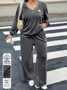 Muchica Plus Size Knight Print Long Sleeve Sweatshirt And Loose Pants 2 Pieces Set Fall - Dark Grey - View 4