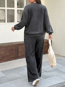 Muchica Plus Size Knight Print Long Sleeve Sweatshirt And Loose Pants 2 Pieces Set Fall - Dark Grey - View 2