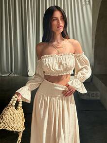 Opulessa Spring/Summer Vacation Solid Color Woven Off-Shoulder Top & Skirt Women's 2-Piece Set - Beige - View 6