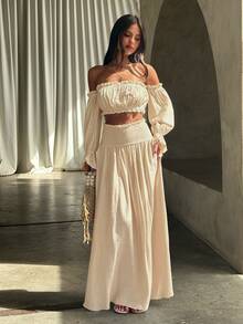 Opulessa Spring/Summer Vacation Solid Color Woven Off-Shoulder Top & Skirt Women's 2-Piece Set - Beige - View 3