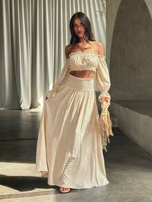 Opulessa Spring/Summer Vacation Solid Color Woven Off-Shoulder Top & Skirt Women's 2-Piece Set - Beige - View 5