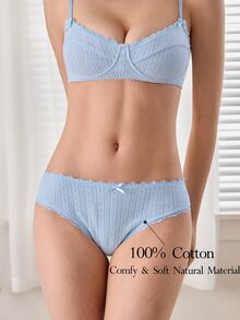 Ocili Women's Pure Cotton Knitted Jacquard Comfortable Contrast Lace Bow Decor Triangle Panties - Blue - View 1