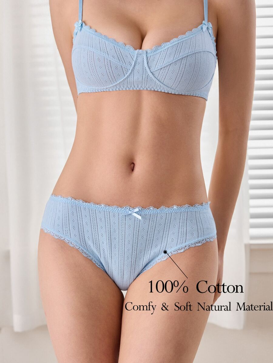 Ocili Women's Pure Cotton Knitted Jacquard Comfortable Contrast Lace Bow Decor Triangle Panties - Blue - View 1