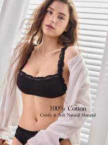 Ocili 100% Pure Cotton Comfortable Minimalist Smooth Wireless Bra With Lace Trim For Women - Black - View 1