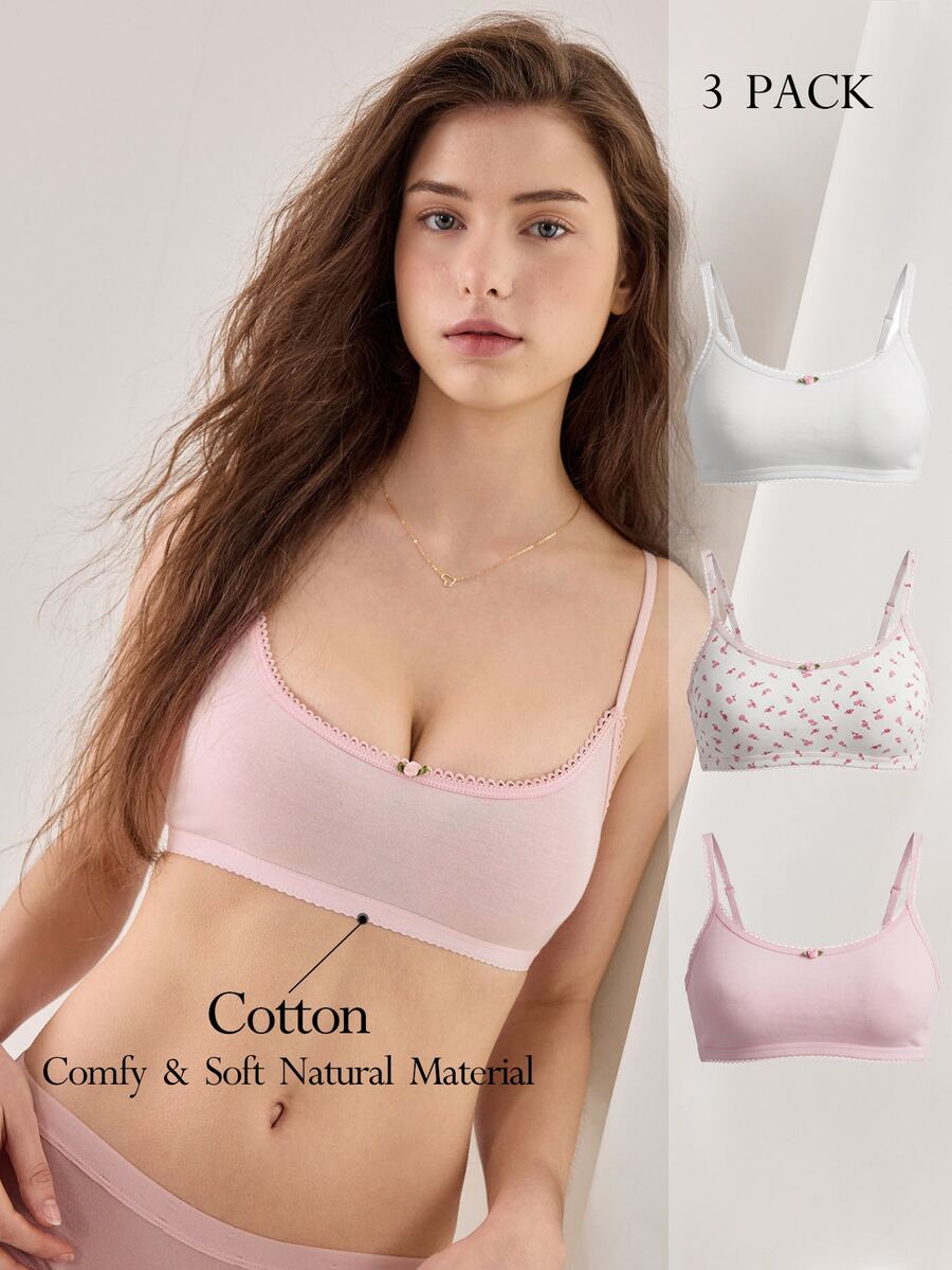 Ocili 3pcs/Set Printed Floral Pure Cotton Knitted Comfortable Women's Bra With Bud Decoration - Pink - View 1