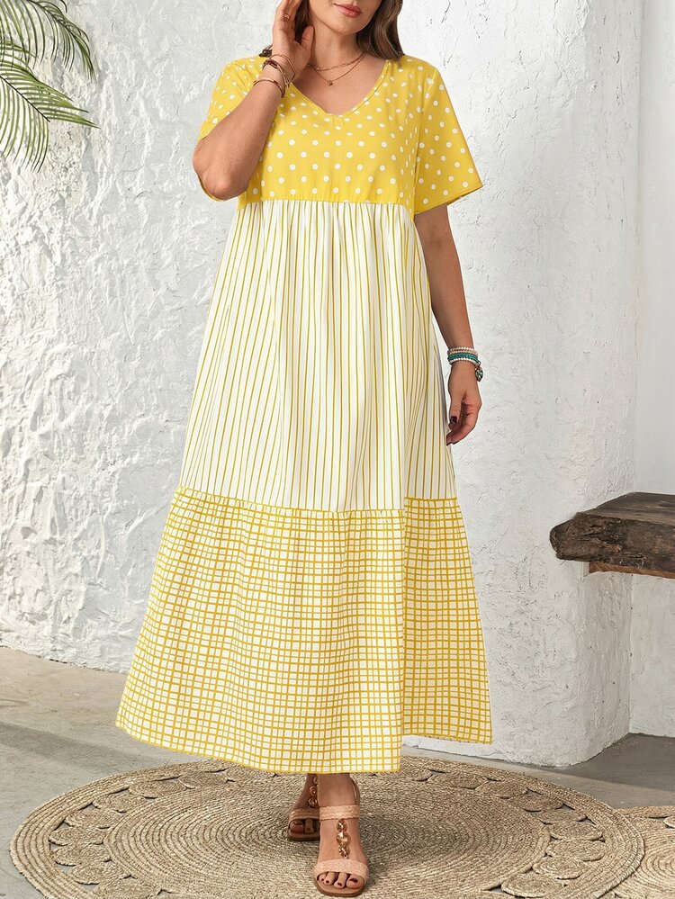 Rosumi Plus Size Summer Casual Color Block Striped Polka Dot Plaid Print Dress - Yellow - View 10