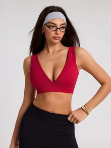 SHEIN Dewbera Women's Solid Color Comfortable Daily Fitness Sports Bra - Burgundy - View 5