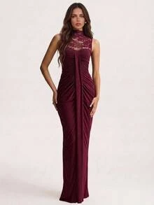 Aloruh Women's Elegant Sexy Party Dinner Cocktail Night Dress, Burgundy Lace Patchwork Bodycon Dress Christmas Summer - Burgundy - View 3