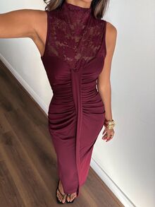 Aloruh Women's Elegant Sexy Party Dinner Cocktail Night Dress, Burgundy Lace Patchwork Bodycon Dress Christmas Summer - Burgundy - View 7
