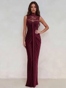 Aloruh Women's Elegant Sexy Party Dinner Cocktail Night Dress, Burgundy Lace Patchwork Bodycon Dress Christmas Summer - Burgundy - View 6