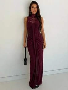 Aloruh Women's Elegant Sexy Party Dinner Cocktail Night Dress, Burgundy Lace Patchwork Bodycon Dress Christmas Summer - Burgundy - View 4