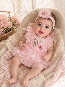 SHEIN Newborn Baby Floral Pattern Mesh Jumpsuit Photography Outfit Set - Pink - View 1