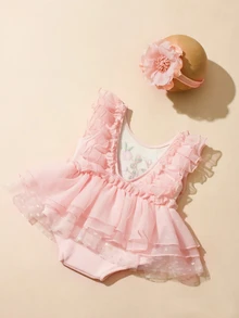 SHEIN Newborn Baby Floral Pattern Mesh Jumpsuit Photography Outfit Set - Pink - View 3