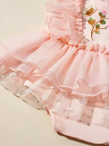 SHEIN Newborn Baby Floral Pattern Mesh Jumpsuit Photography Outfit Set - Pink - View 5