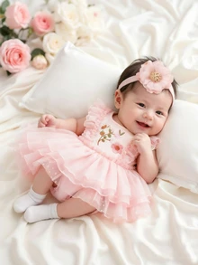 SHEIN Newborn Baby Floral Pattern Mesh Jumpsuit Photography Outfit Set - Pink - View 6