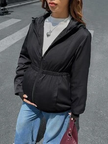 SHEIN Jaket Hamil Musim Gugur/Dingin Hangat Berkerudung 3-in-1 - Hitam - View 2
