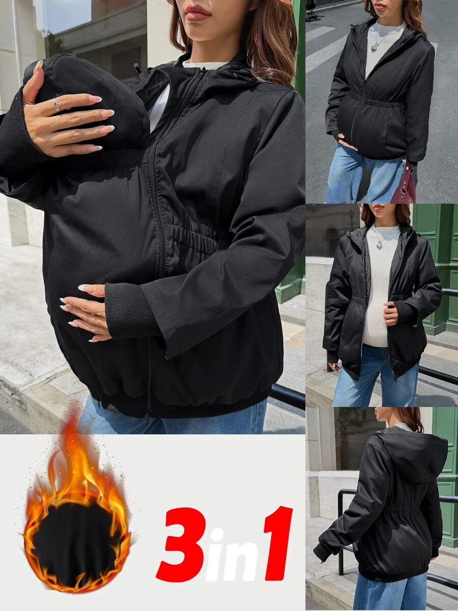 SHEIN Jaket Hamil Musim Gugur/Dingin Hangat Berkerudung 3-in-1 - Hitam - View 1