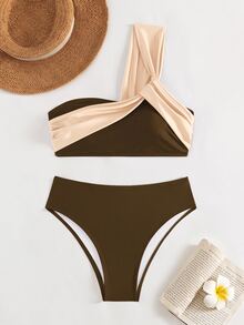 Sirith Women's Summer Beach Color Block One Shoulder Sexy Fashion Bikini Two-Piece Swimwear Set - Mocha Brown - View 2