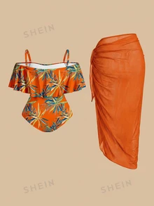 SHEIN Swim 大码女士热带植物印花露肩连体泳衣，带罩衫和裙子 - 彩色 - 查看 2