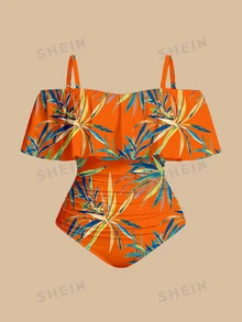 SHEIN Swim 大码女士热带植物印花露肩连体泳衣，带罩衫和裙子 - 彩色 - 查看 5