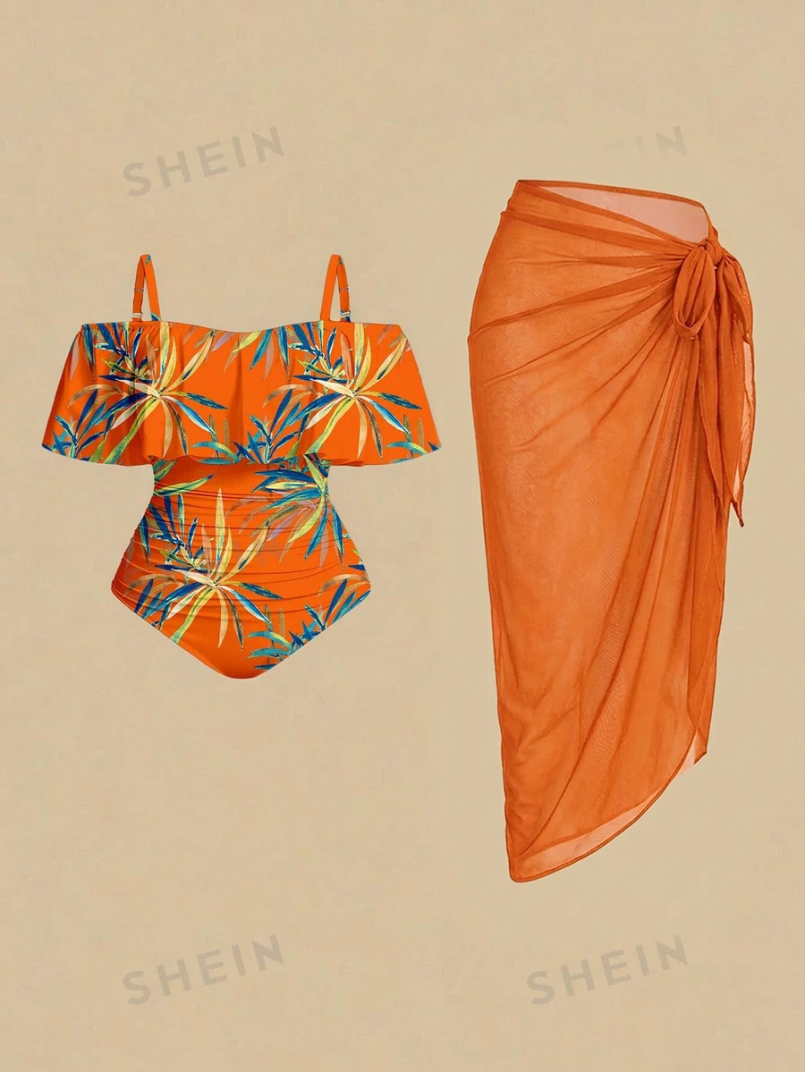 SHEIN Swim 大码女士热带植物印花露肩连体泳衣，带罩衫和裙子 - 彩色 - 查看 1