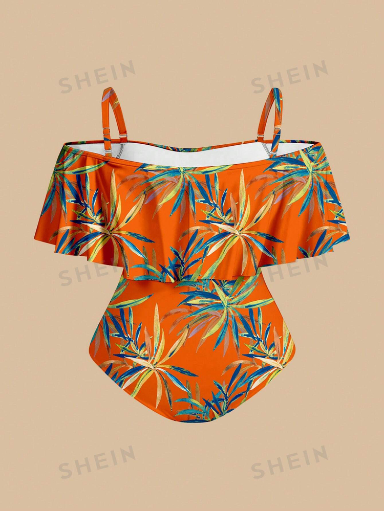 SHEIN Swim Plus Size Women Tropical Plant Print Off-Shoulder One-Piece Swimsuit With Coverup And Skirt - Multicolor - View 6