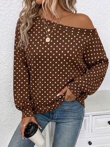 EMERY ROSE Casual 1920 Vintage 1920s Retro Polka Dot Pattern Plus Size Pullover Off-Shoulder Sweater, Suitable For Autumn/Winter Fall Thanksgiving Holiday Brown - Multicolor - View 1