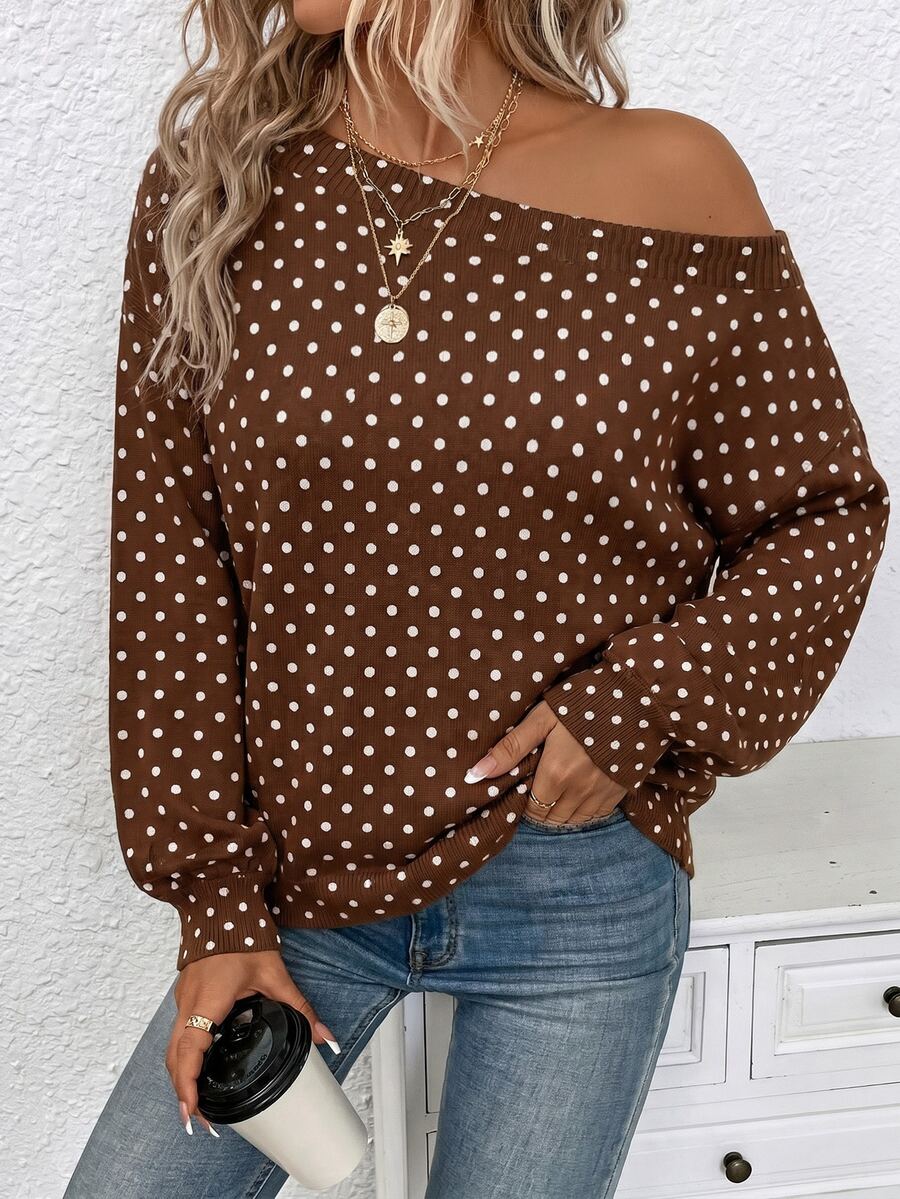EMERY ROSE Casual 1920 Vintage 1920s Retro Polka Dot Pattern Plus Size Pullover Off-Shoulder Sweater, Suitable For Autumn/Winter Fall Thanksgiving Holiday Brown - Multicolor - View 1