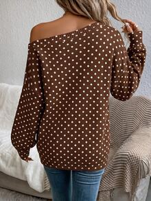 EMERY ROSE Casual 1920 Vintage 1920s Retro Polka Dot Pattern Plus Size Pullover Off-Shoulder Sweater, Suitable For Autumn/Winter Fall Thanksgiving Holiday Brown - Multicolor - View 2