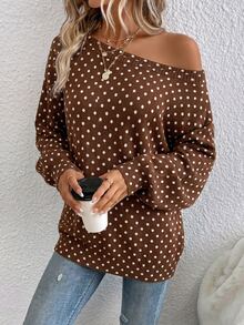 EMERY ROSE Casual 1920 Vintage 1920s Retro Polka Dot Pattern Plus Size Pullover Off-Shoulder Sweater, Suitable For Autumn/Winter Fall Thanksgiving Holiday Brown - Multicolor - View 4