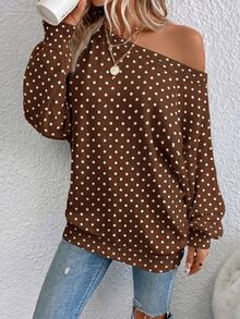 EMERY ROSE Casual 1920 Vintage 1920s Retro Polka Dot Pattern Plus Size Pullover Off-Shoulder Sweater, Suitable For Autumn/Winter Fall Thanksgiving Holiday Brown - Multicolor - View 6