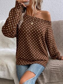 EMERY ROSE Casual 1920 Vintage 1920s Retro Polka Dot Pattern Plus Size Pullover Off-Shoulder Sweater, Suitable For Autumn/Winter Fall Thanksgiving Holiday Brown - Multicolor - View 3