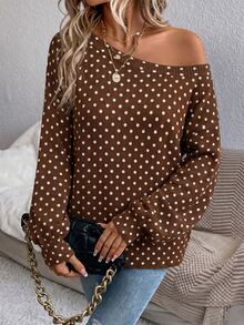 EMERY ROSE Casual 1920 Vintage 1920s Retro Polka Dot Pattern Plus Size Pullover Off-Shoulder Sweater, Suitable For Autumn/Winter Fall Thanksgiving Holiday Brown - Multicolor - View 5
