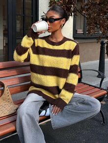 Muchica Minimalist Fashion Contrast Color Round Neck Knit Pullover Sweater - Yellow - View 5