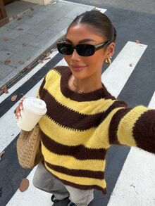 Muchica Minimalist Fashion Contrast Color Round Neck Knit Pullover Sweater - Yellow - View 6