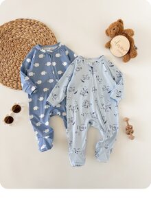 SHEIN Newborn Baby Cartoon Print Zipper Front Long Sleeve Jumpsuit 2pcs Set - Baby Blue - View 3