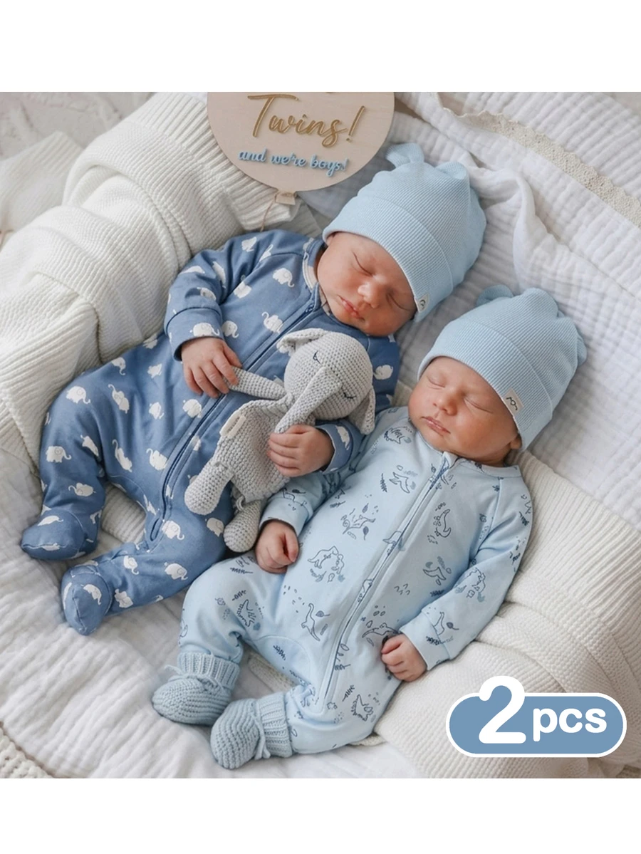 SHEIN Newborn Baby Cartoon Print Zipper Front Long Sleeve Jumpsuit 2pcs Set - Baby Blue - View 1