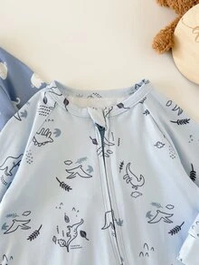 SHEIN Newborn Baby Cartoon Print Zipper Front Long Sleeve Jumpsuit 2pcs Set - Baby Blue - View 4