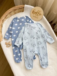 SHEIN Newborn Baby Cartoon Print Zipper Front Long Sleeve Jumpsuit 2pcs Set - Baby Blue - View 6