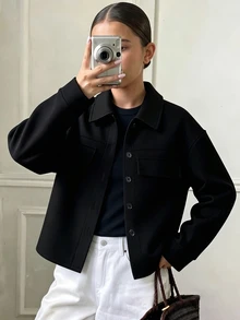 SHEIN Sparklyn 青少年女孩休閒街頭風寬鬆百搭黑白對比滾邊翻領大口袋秋冬羊毛外套 - 黑色 - 查看 7
