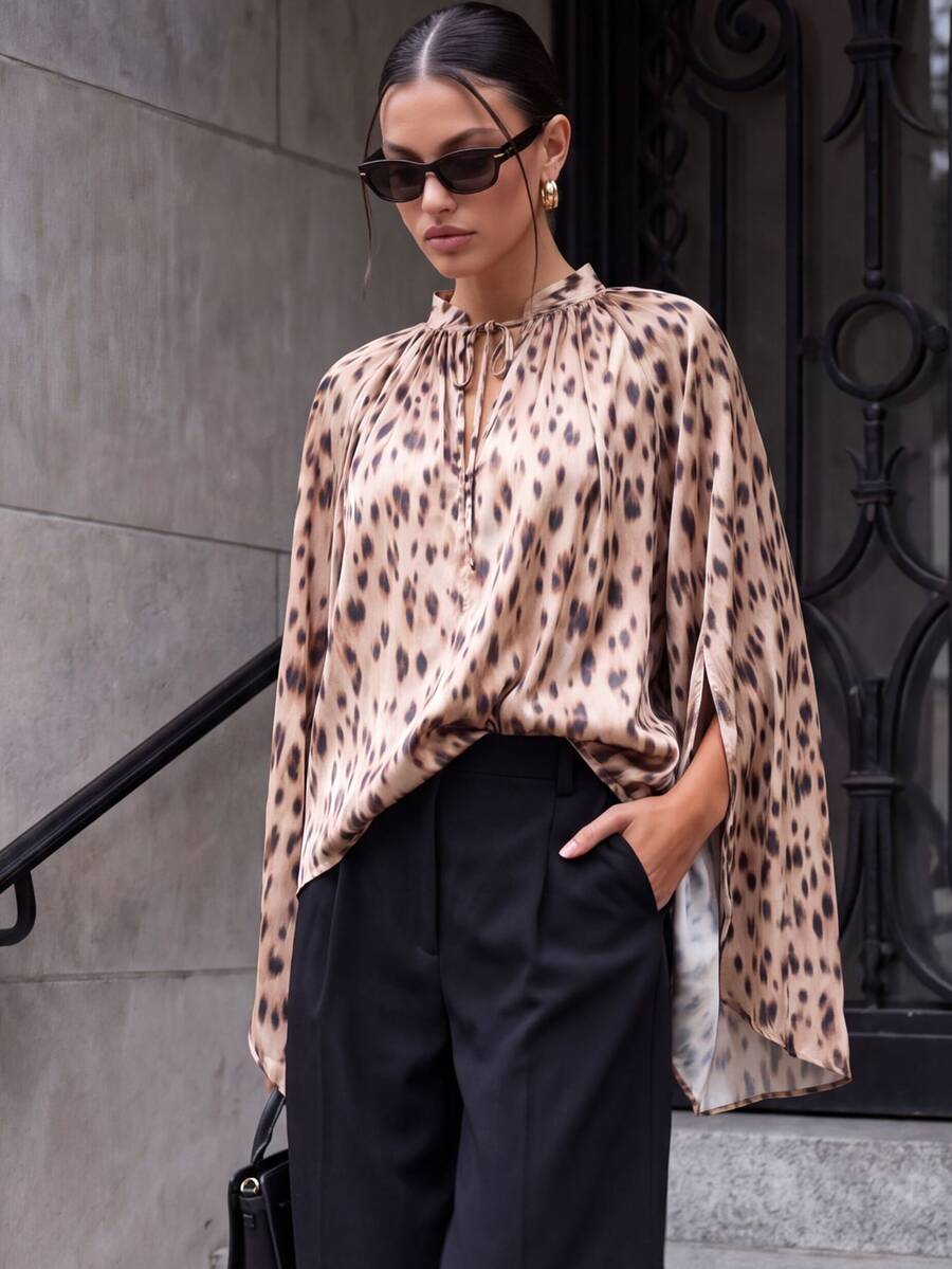 COSMINA Women's Tie Neck Long Sleeve Beige Loose Fashion Blouse Party Dinner Brunch Office Night Out Summer Elegant Print Pattern Slit - Multicolor - View 1