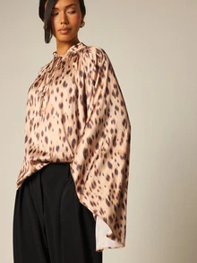 COSMINA Women's Tie Neck Long Sleeve Beige Loose Fashion Blouse Party Dinner Brunch Office Night Out Summer Elegant Print Pattern Slit - Multicolor - View 4